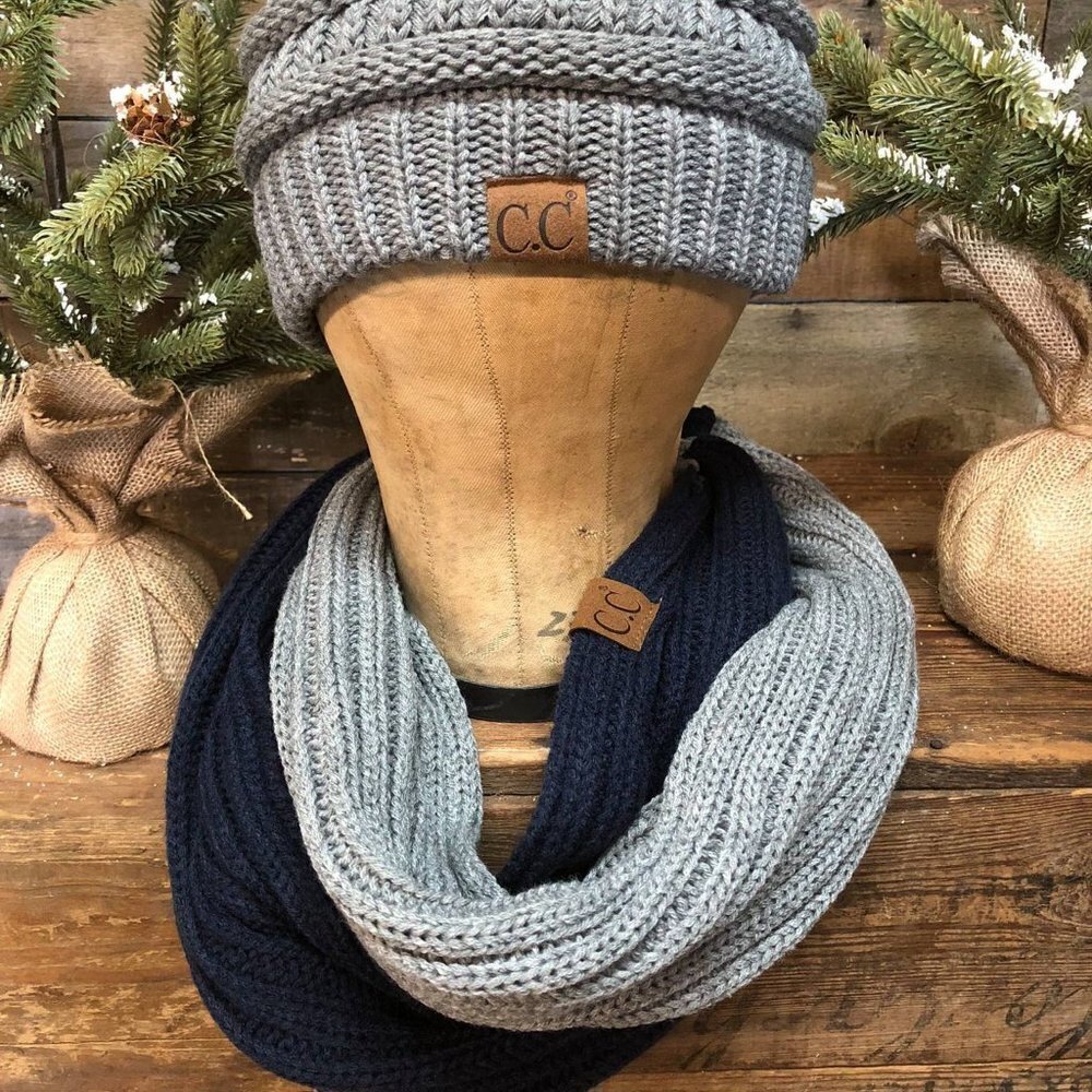 NWT CC Beanie Infinity Scarf Grey & Navy Blue Color Block | Knit Scarf | Winter